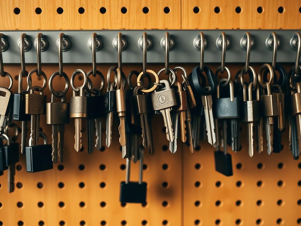 Schlüssel und Schließzylinder an Haken an der Werkstattwand