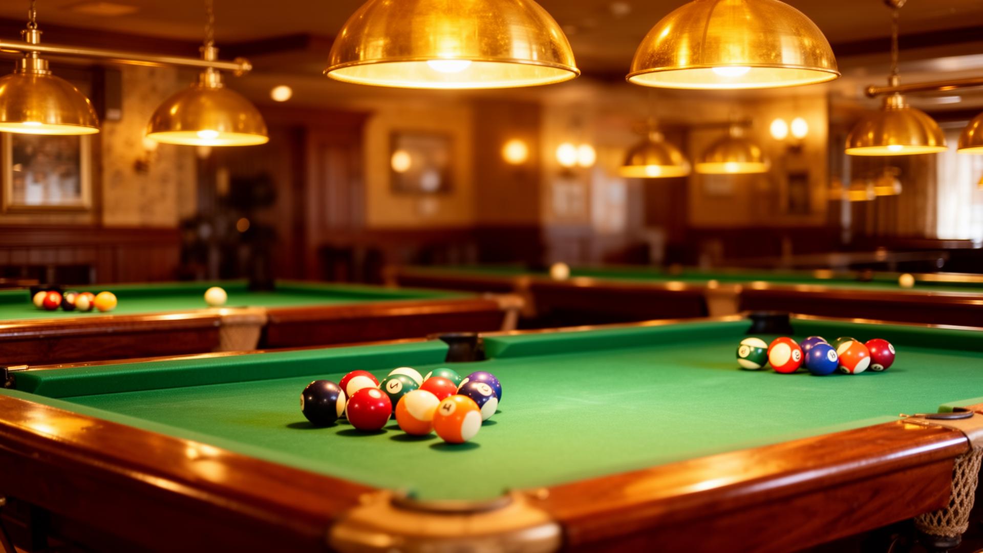 Pool-Tische im Break Even mit warmer Beleuchtung